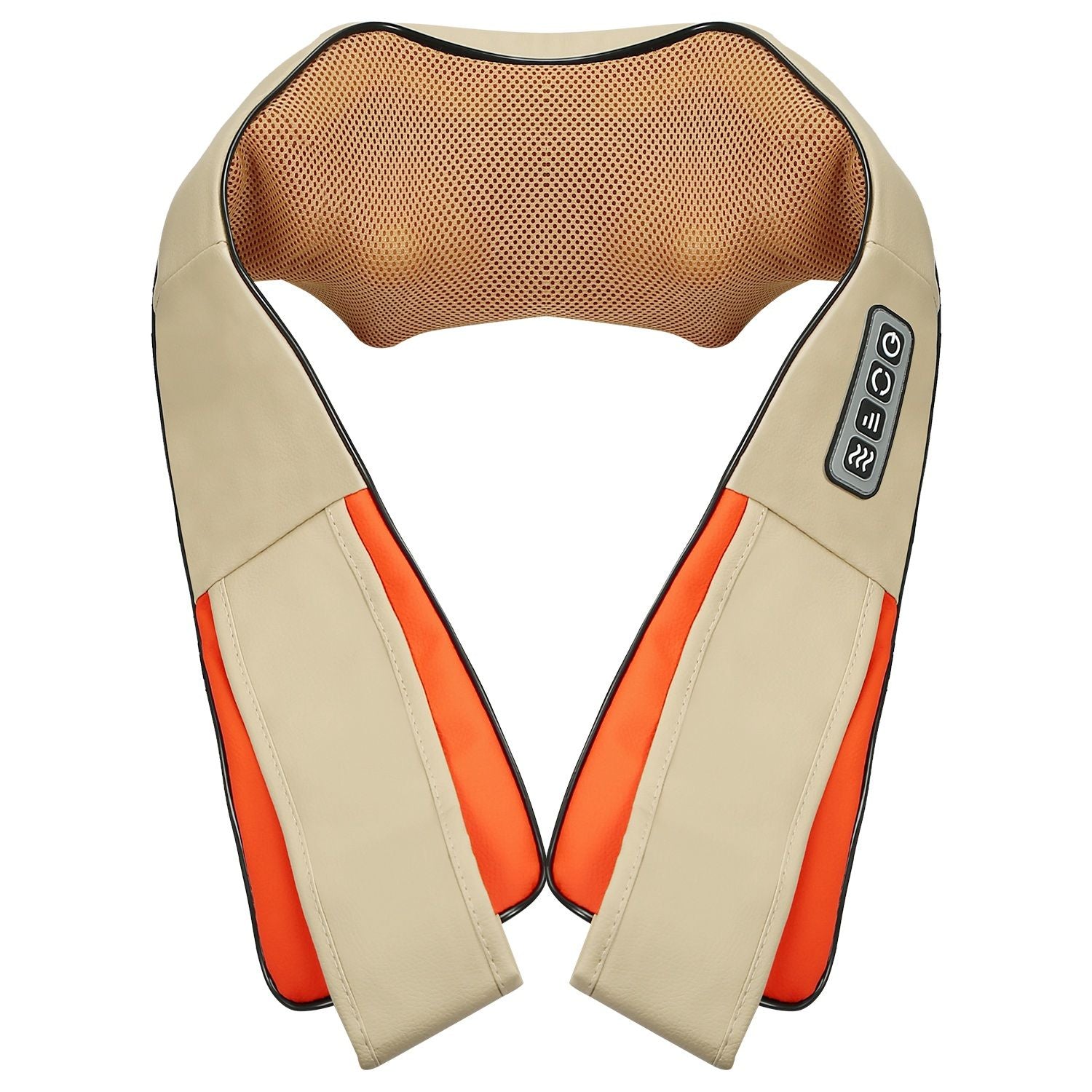 Beige and orange heated massage neck pillow with control buttons, designed for relaxation and comfort.