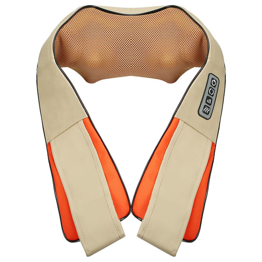 Beige and orange heated massage neck pillow with control buttons, designed for relaxation and comfort.