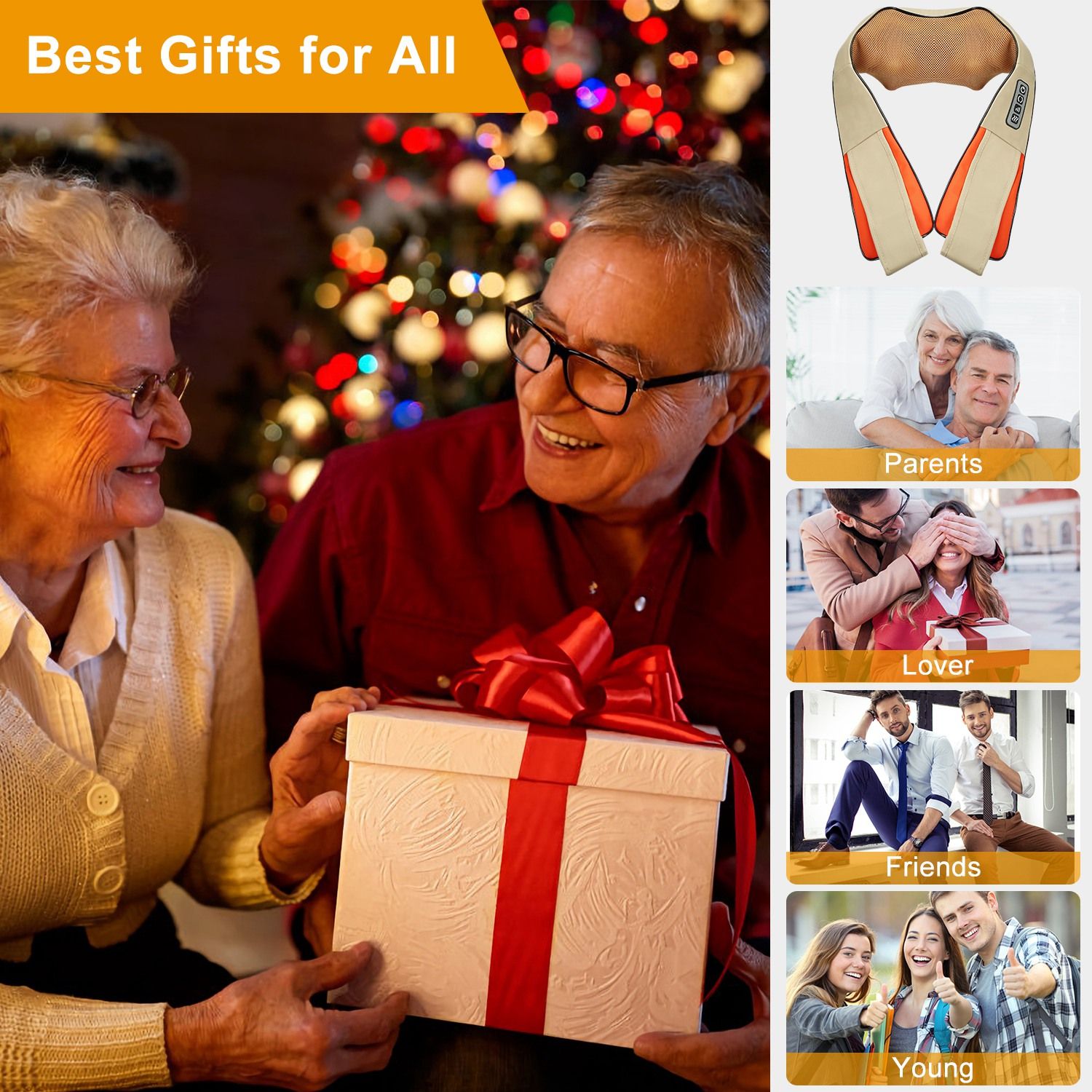Elderly couple joyfully exchanging a gift in front of a beautifully decorated Christmas tree, showcasing the best gifts for all ages, including a neck massage device.