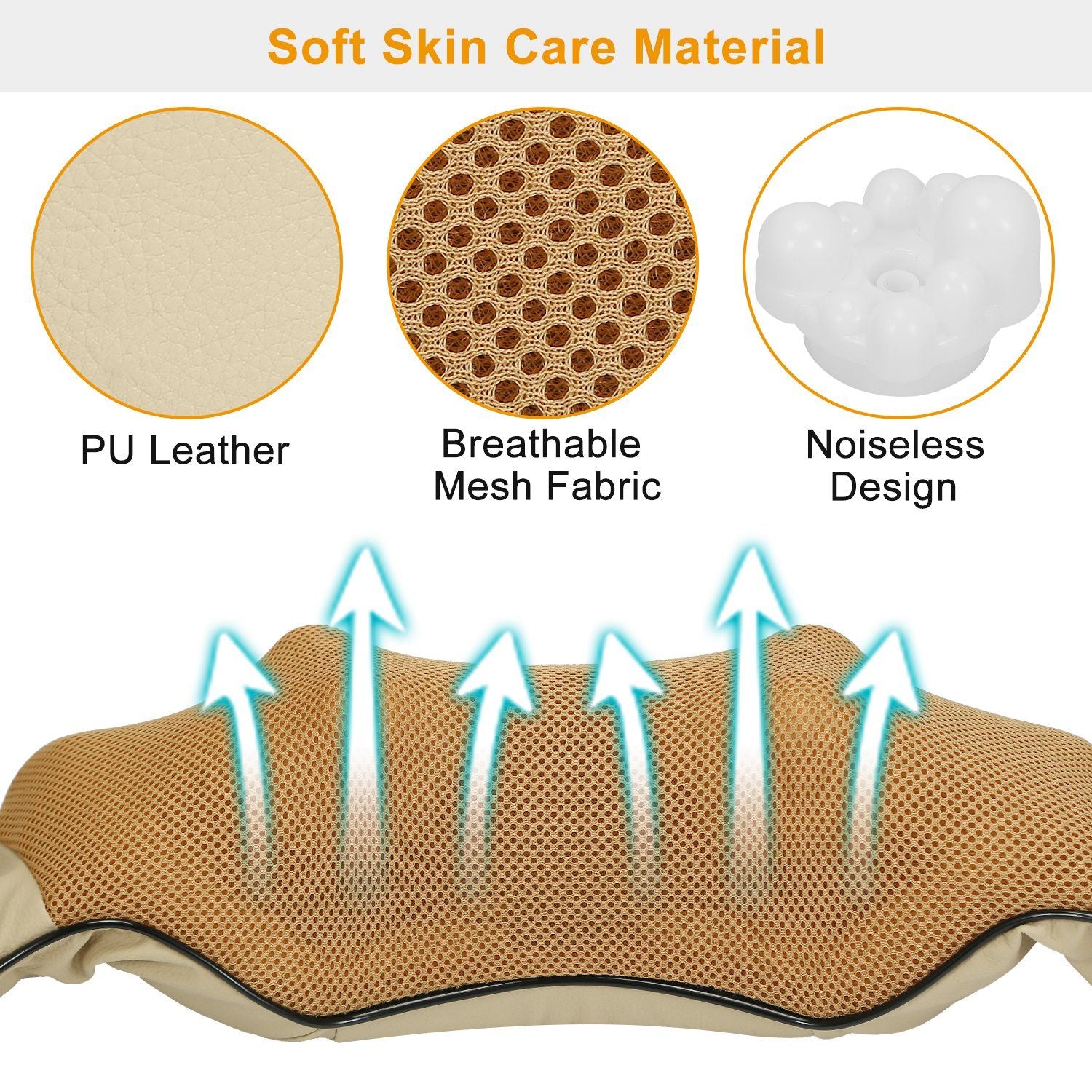 Image showcasing soft skin care materials for a massage pillow, featuring PU leather, breathable mesh fabric, and a noiseless design for ultimate comfort and relaxation.