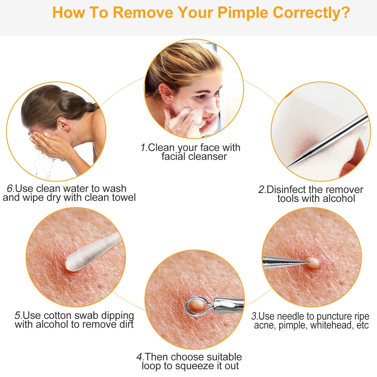Step-by-step infographic on how to remove a pimple correctly, featuring illustrations of facial cleansing, tool disinfection, and techniques for pimple extraction.