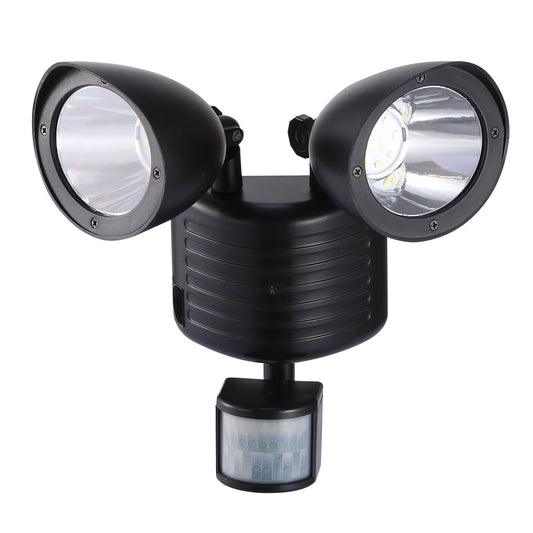 LED security flood light with dual adjustable heads and motion sensor, designed for outdoor home lighting.