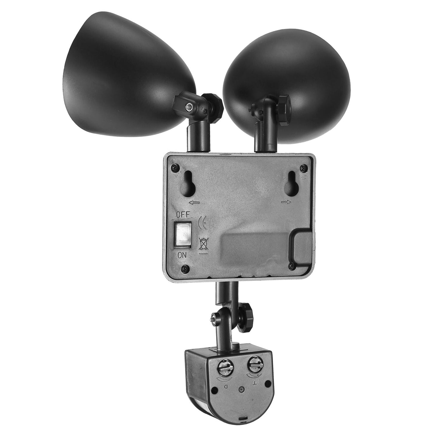 Black dual-head security light with adjustable lamp heads and wall-mountable base, featuring an ON/OFF switch and wiring connections.