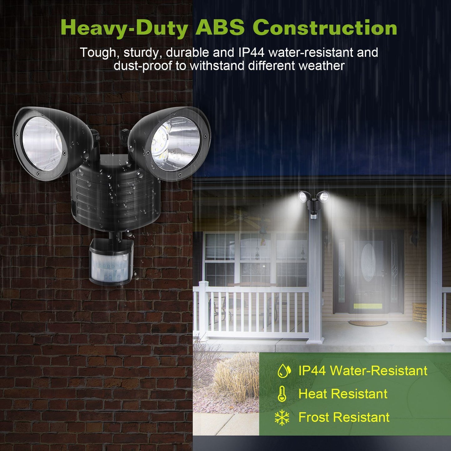 Heavy-duty outdoor security light with dual LED heads, featuring IP44 water resistance, heat resistance, and frost resistance, mounted on a brick wall under rain.