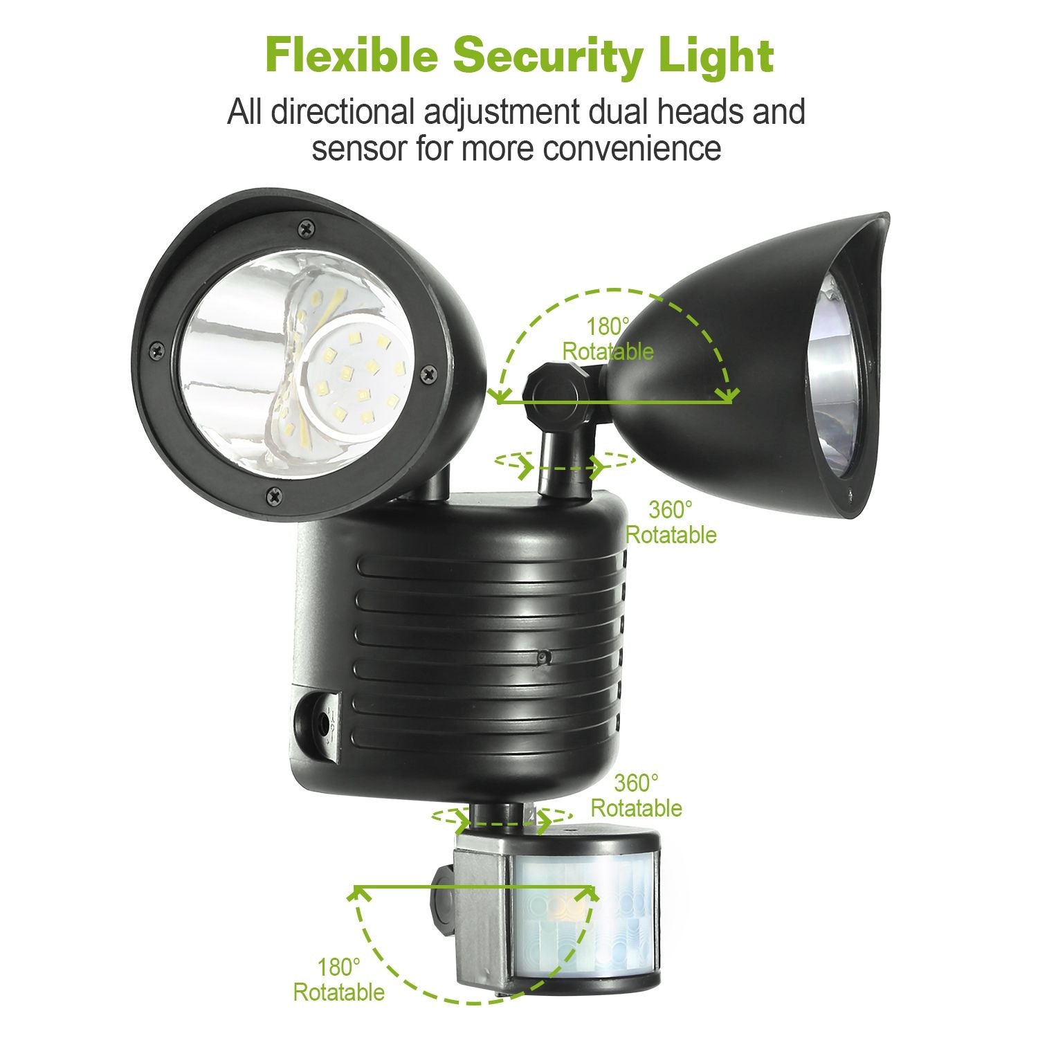 Flexible black security light with dual adjustable heads and motion sensor, featuring 180-degree and 360-degree rotation capabilities for optimal lighting positioning.