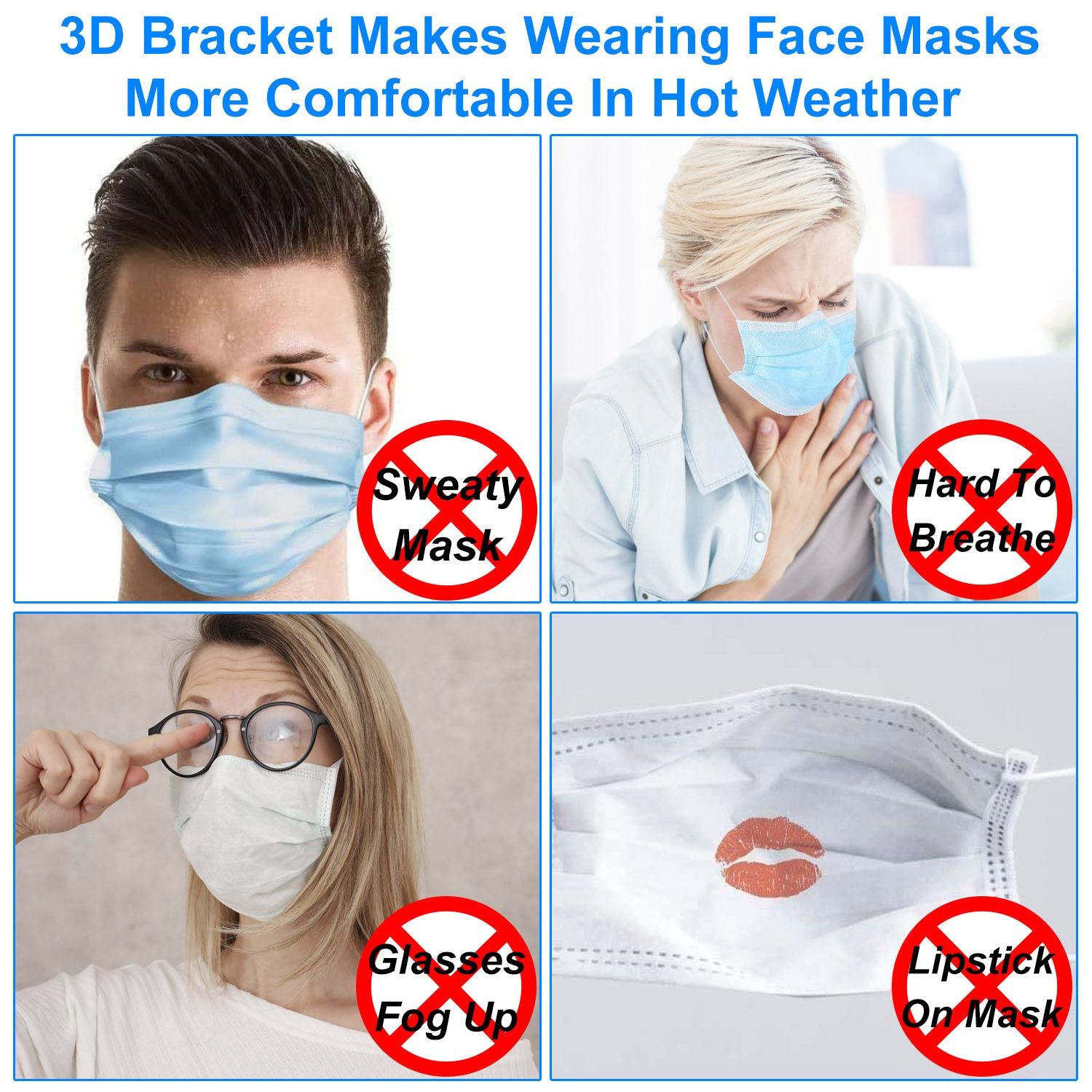 3D mask bracket product image demonstrating comfort benefits such as reduced sweating, easier breathing, anti-fogging for glasses, and preventing lipstick smudges.