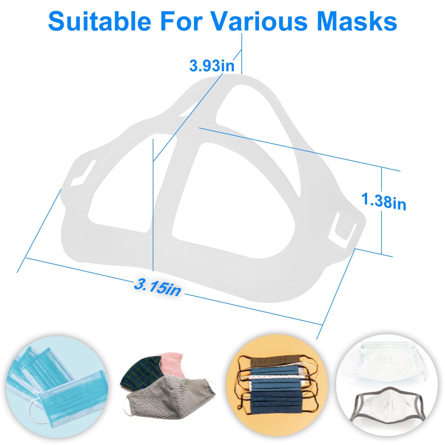 Silicone mask bracket support for comfort and space, measuring 3.93in x 3.15in x 1.38in, compatible with various face masks.