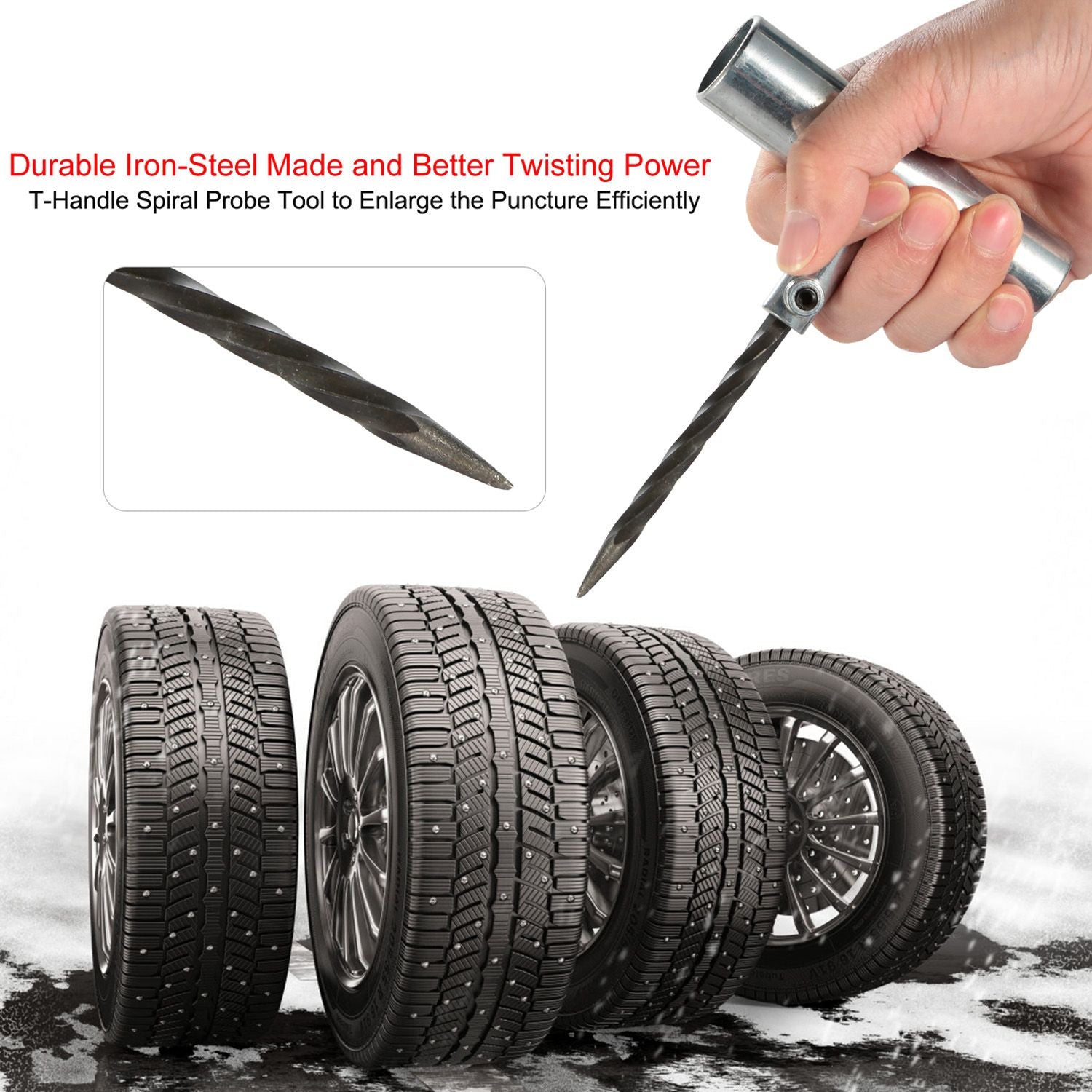 T-handle spiral probe tool for efficiently enlarging tire punctures, shown in use alongside four durable, textured tires for winter conditions.