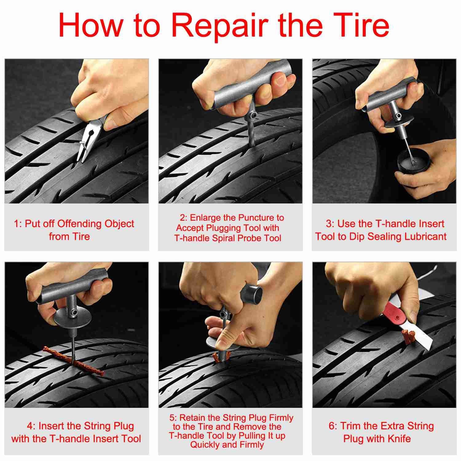 Step-by-step guide on how to repair a tire, illustrating the process of removing an object, enlarging the puncture, applying sealing lubricant, inserting a string plug, securing it, and trimming excess material.