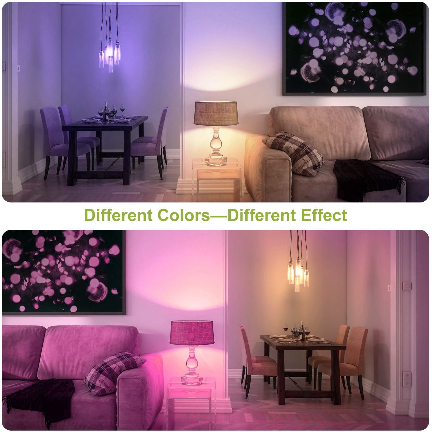 Home interior showcasing two color schemes: the top half features warm yellow lighting in a cozy living space with a beige couch and decorative pillows, while the bottom half displays purple lighting in a dining area with a modern table setup and elegant chairs, highlighting the mood-changing effects of different lighting.