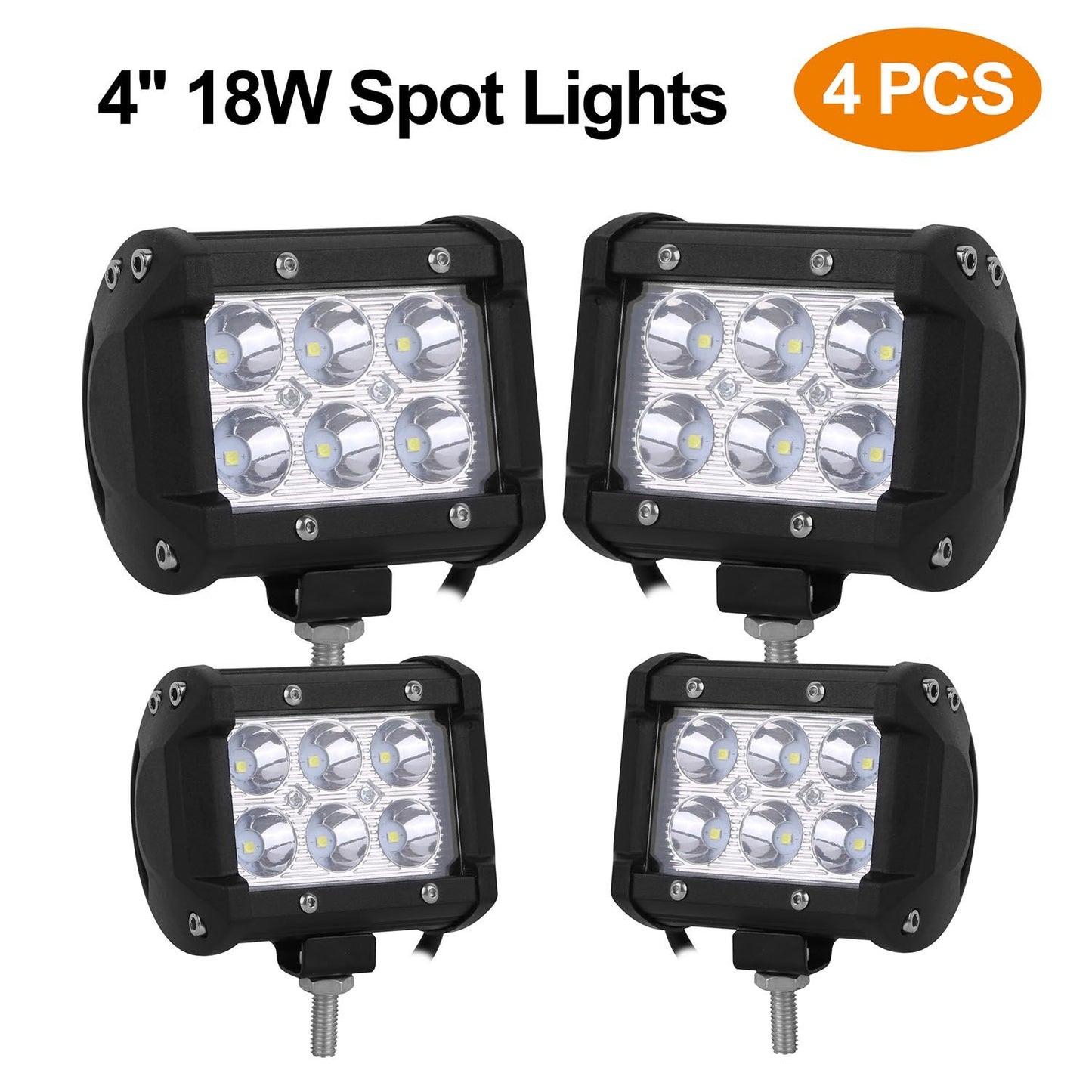 Four-pack of 4-inch 18W LED spot lights featuring a robust black housing and multiple bright, efficient bulbs for optimal illumination.
