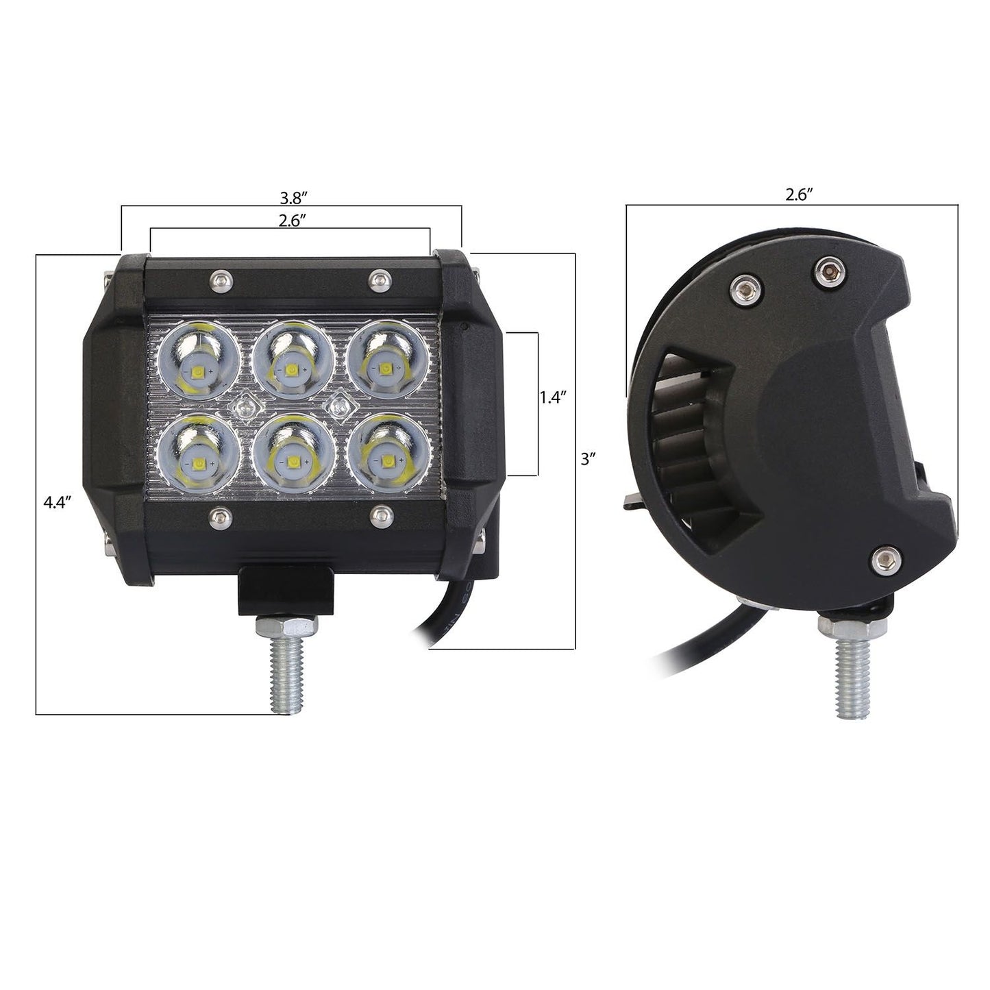 High-intensity LED off-road light with six bulbs, measuring 4.4 inches in height and 3.8 inches in width, designed for durability and optimal visibility in various outdoor conditions.
