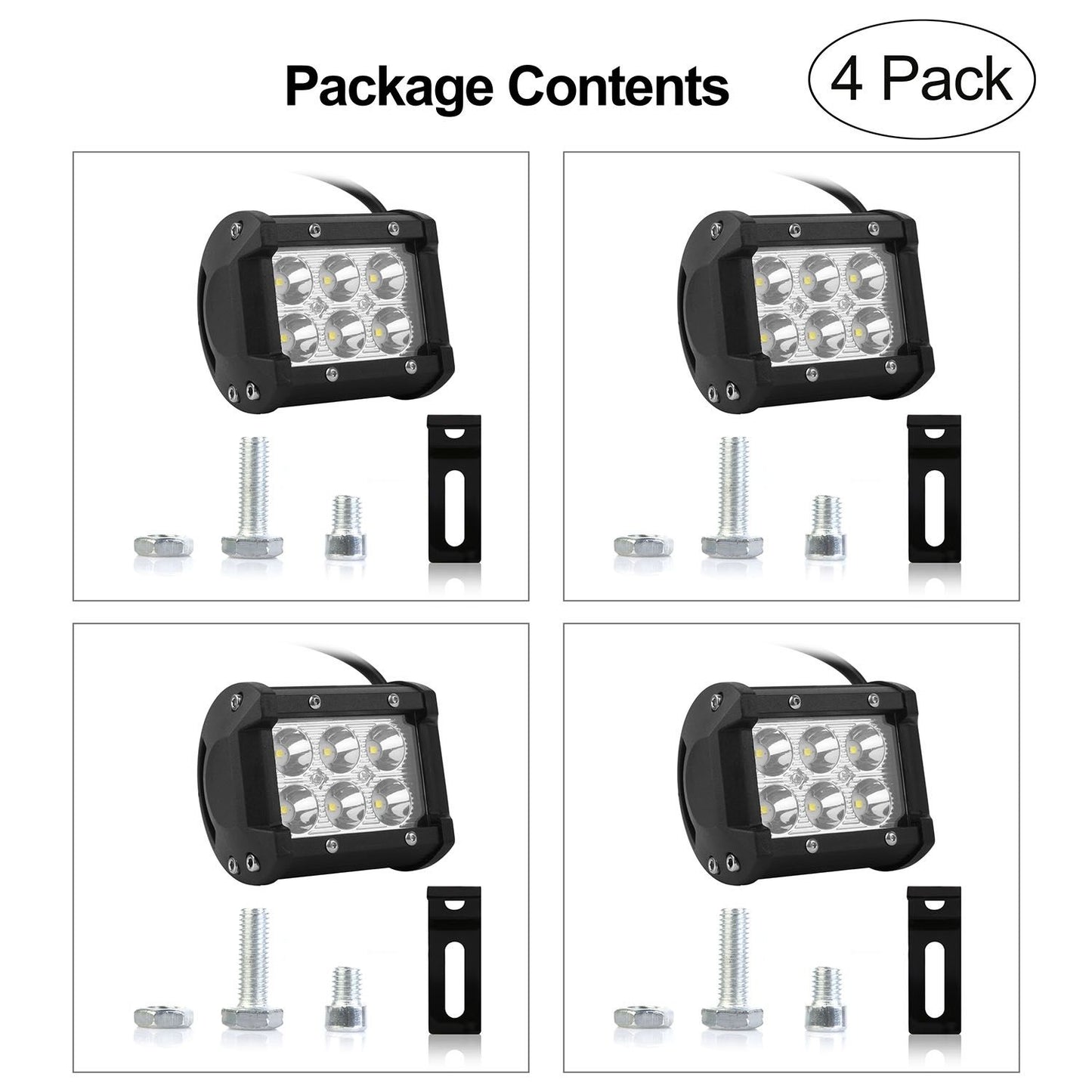 LED light bar set, 4 pack, featuring four compact lights with mounting hardware and brackets for versatile installation options.