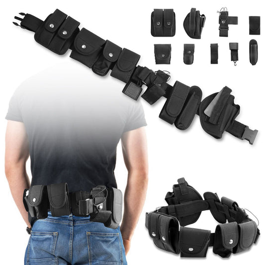 Adjustable black tool belt with multiple pockets and attachments, worn on the waist for utility and convenience, ideal for tasks requiring easy access to tools and accessories.