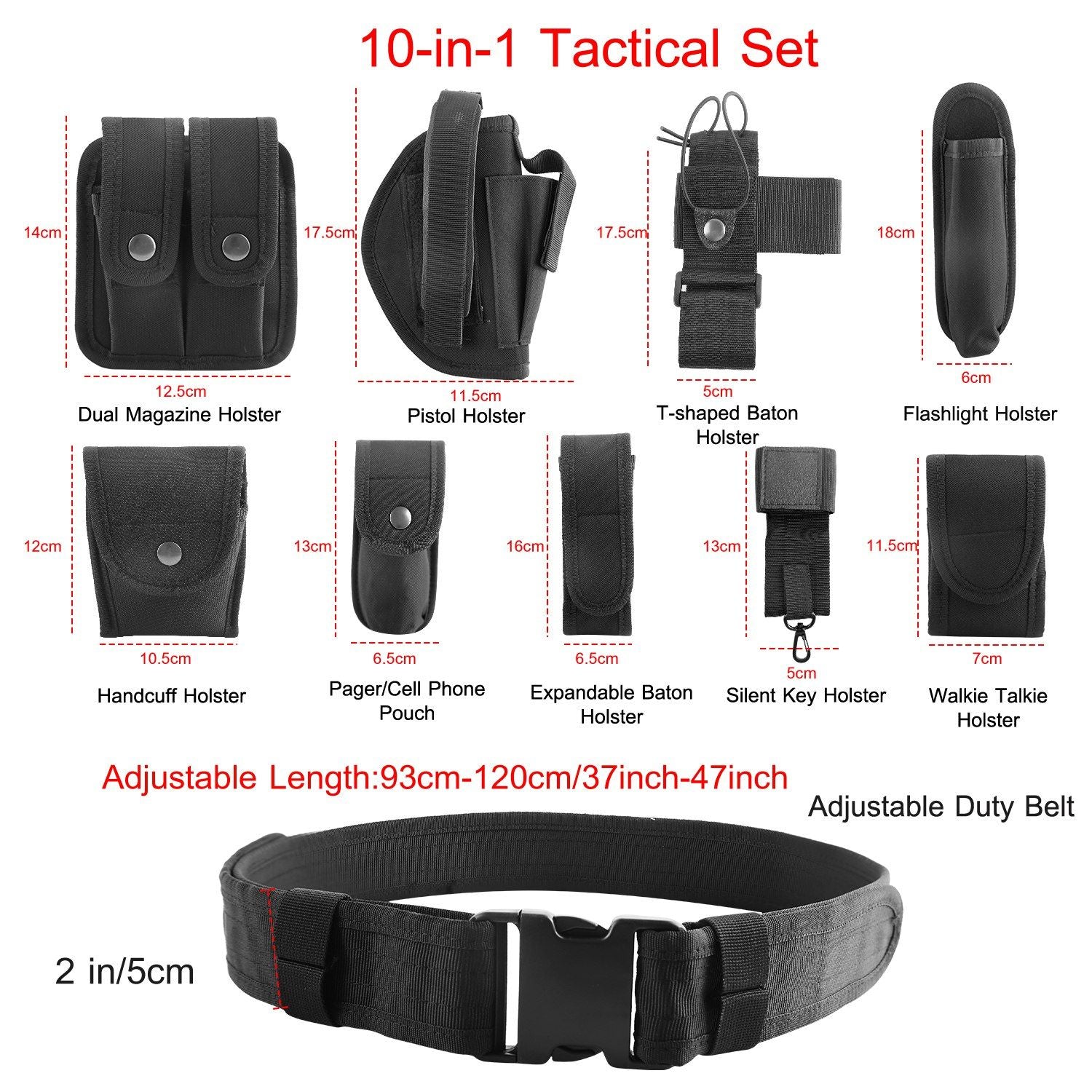 10-in-1 tactical gear set including dual magazine holster, pistol holster, handcuff holster, walkie-talkie holster, flashlight holster, and adjustable duty belt designed for versatility and durability, ideal for law enforcement and outdoor enthusiasts.