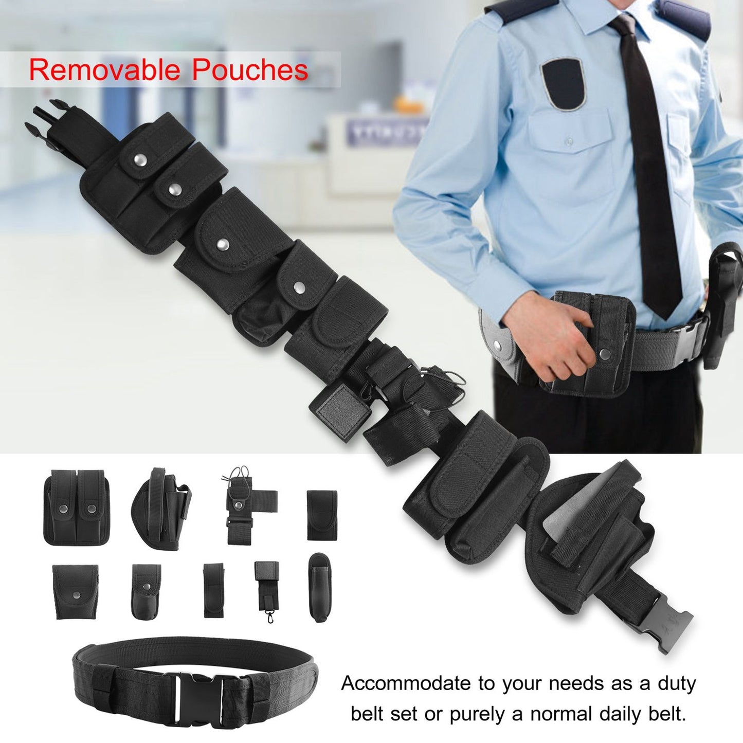 Black tactical duty belt with removable pouches attached, designed for security personnel to carry essential tools and items comfortably.
