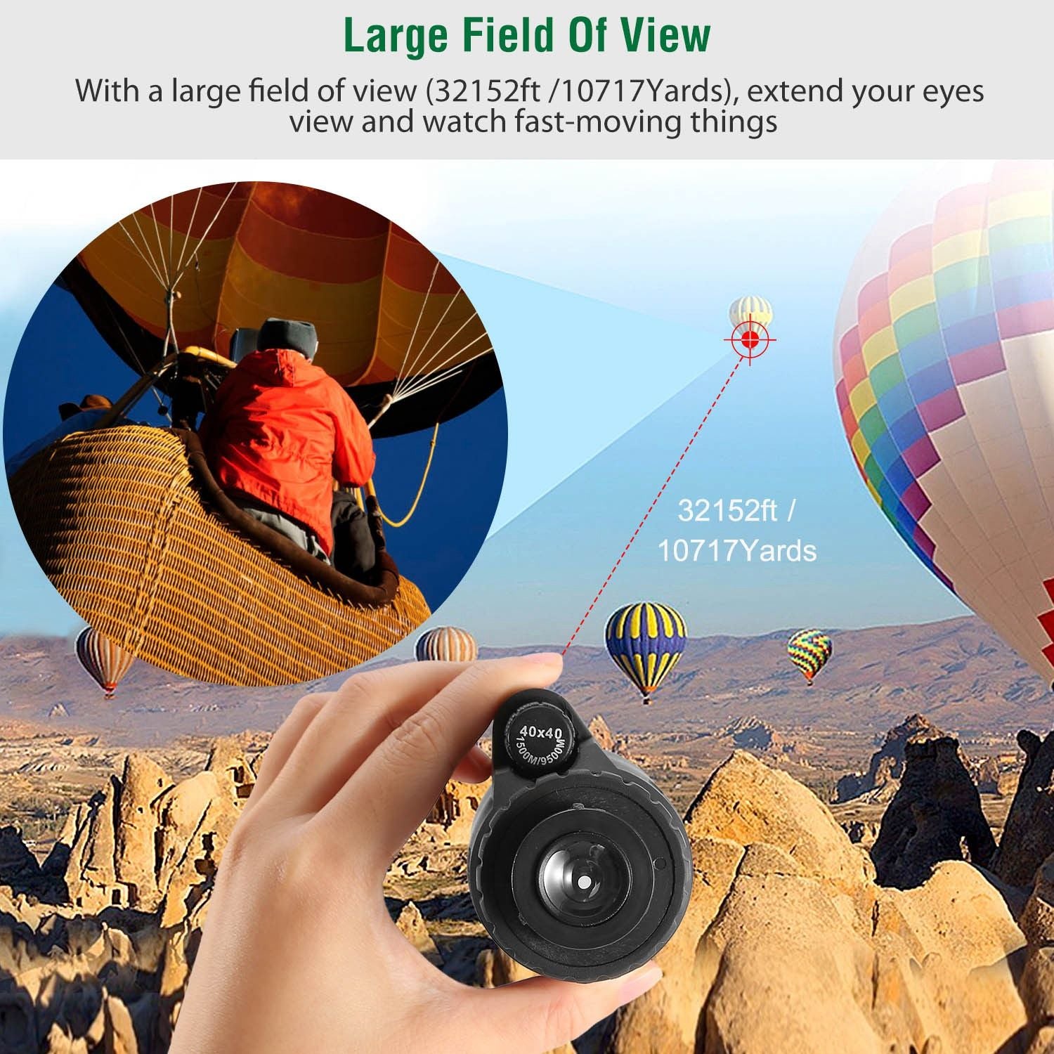 Handheld monocular with 40x magnification showcasing a large field of view (32,152 ft / 10,717 yards) ideal for observing distant and fast-moving objects, with a scenic background of colorful hot air balloons and rocky terrain.