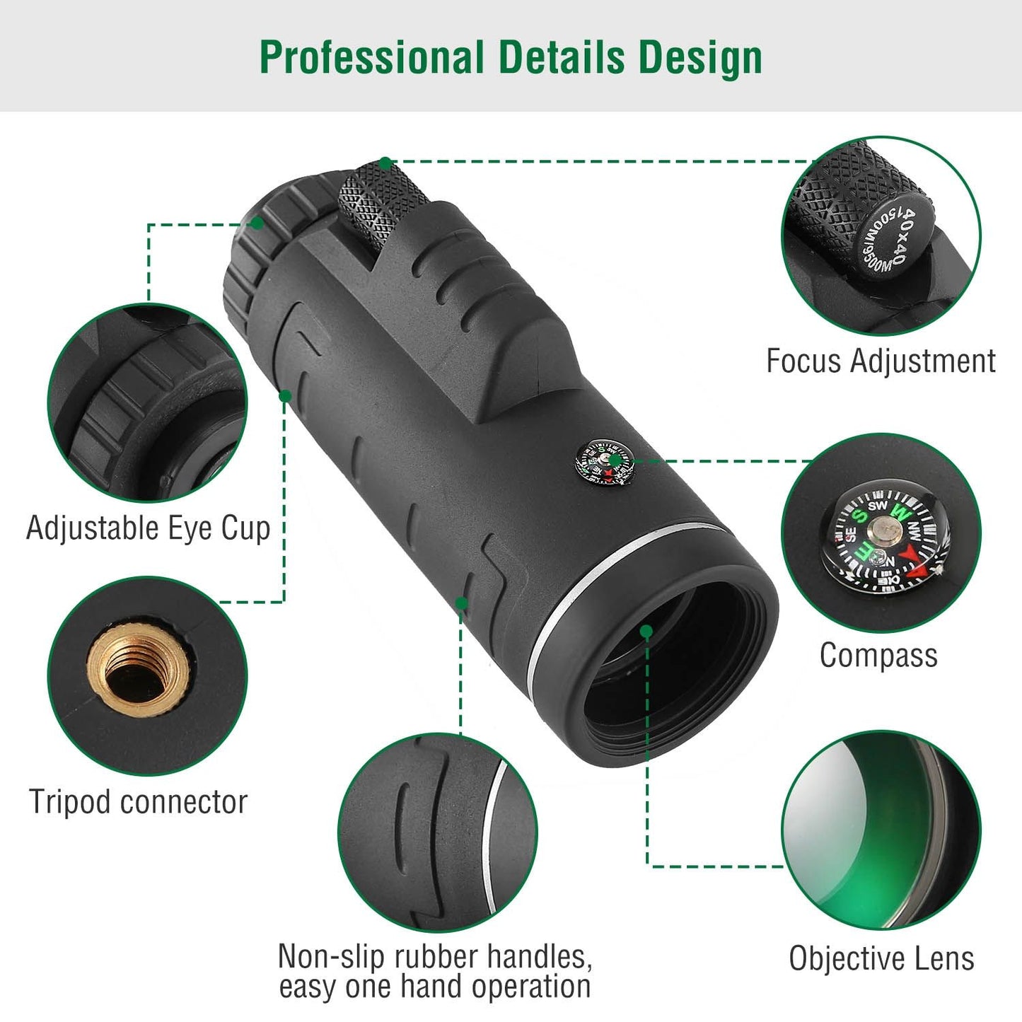Alt tag for a product image of a compact telescope: "Compact telescope features adjustable eye cup, focus adjustment, compass, non-slip rubber handles, and tripod connector for easy one-hand operation."
