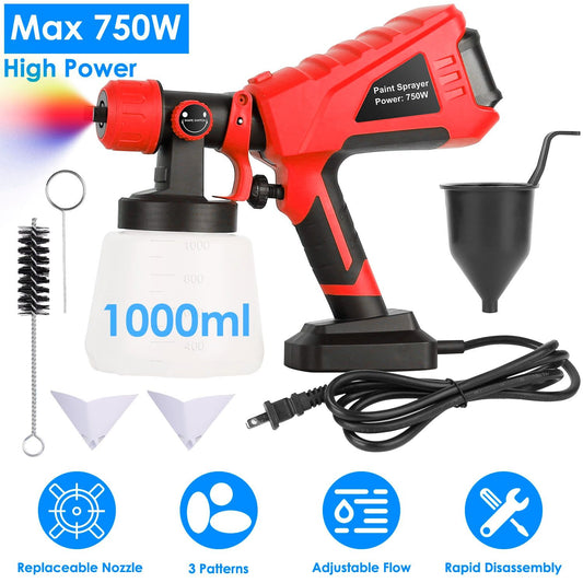 High power 750W paint sprayer with 1000ml cup, replaceable nozzle, adjustable flow, includes cleaning brush and funnel, suitable for various painting patterns.