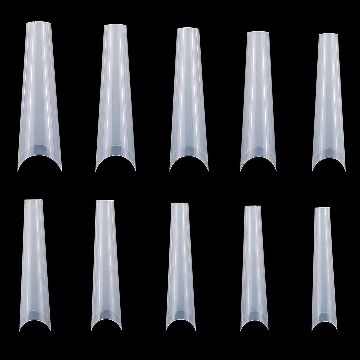 Clear nail tips arranged in two rows on a black background, showcasing their tapered design for easy application and customization in nail art.