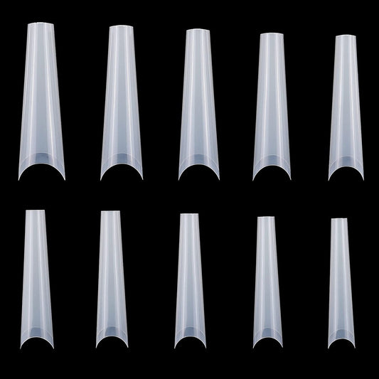 Clear nail tips arranged in two rows on a black background, showcasing their tapered design for easy application and customization in nail art.