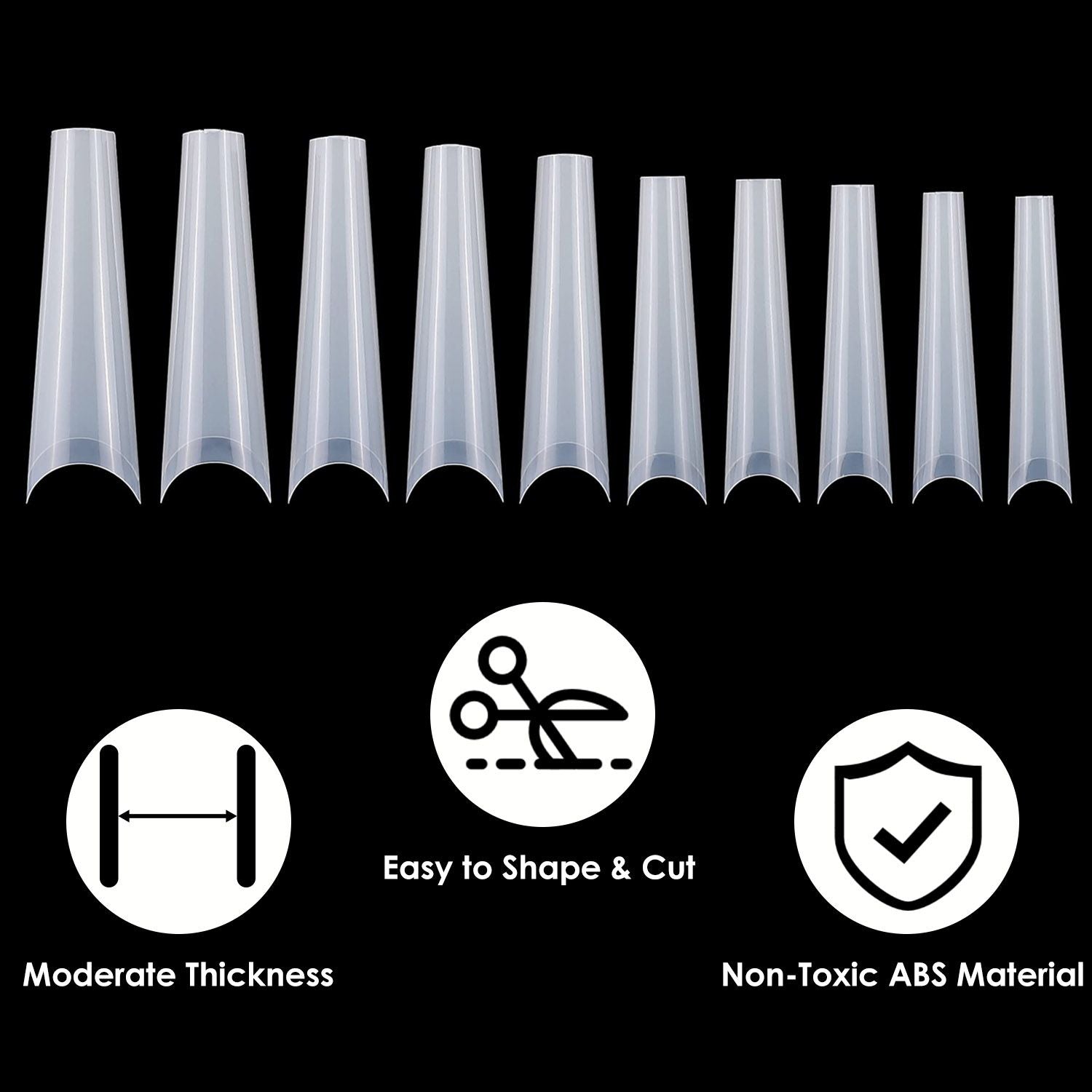 Clear ABS nail tips set featuring ten varying lengths, showcasing moderate thickness, ease of shaping and cutting, and safe non-toxic material icons.