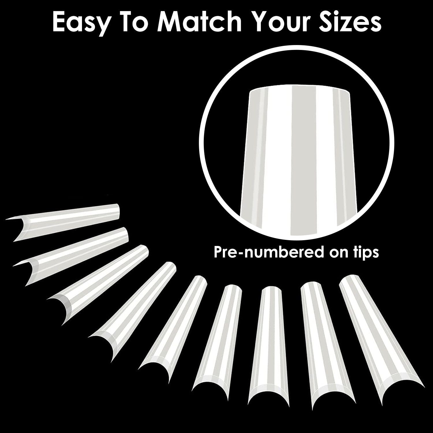 A collection of transparent, pre-numbered nail tips arranged in a fan shape on a black background, showcasing their easy size matching feature for nail art enthusiasts.