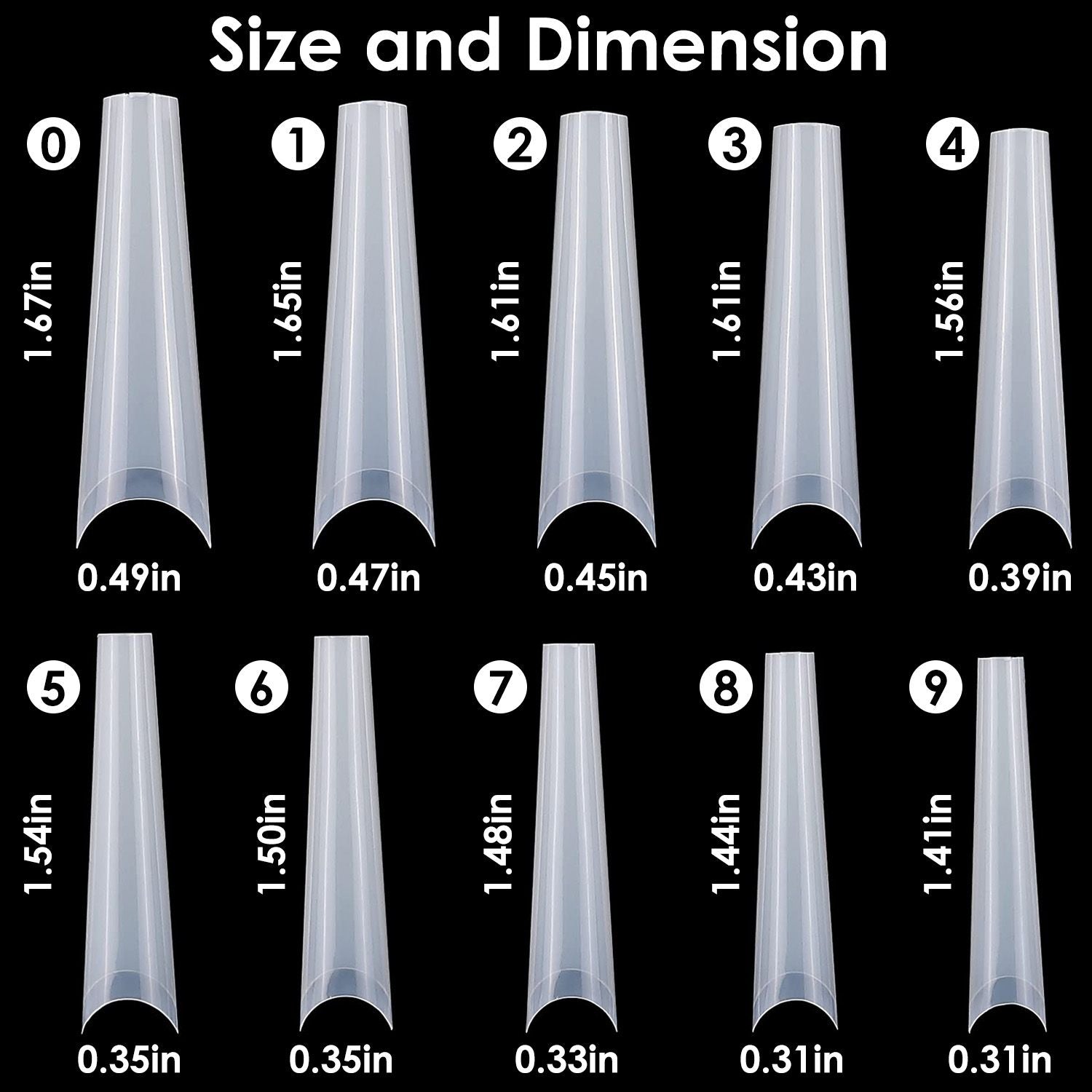 Clear nail tips display with size measurements ranging from 0 to 9, featuring lengths and widths for nail enhancement options.