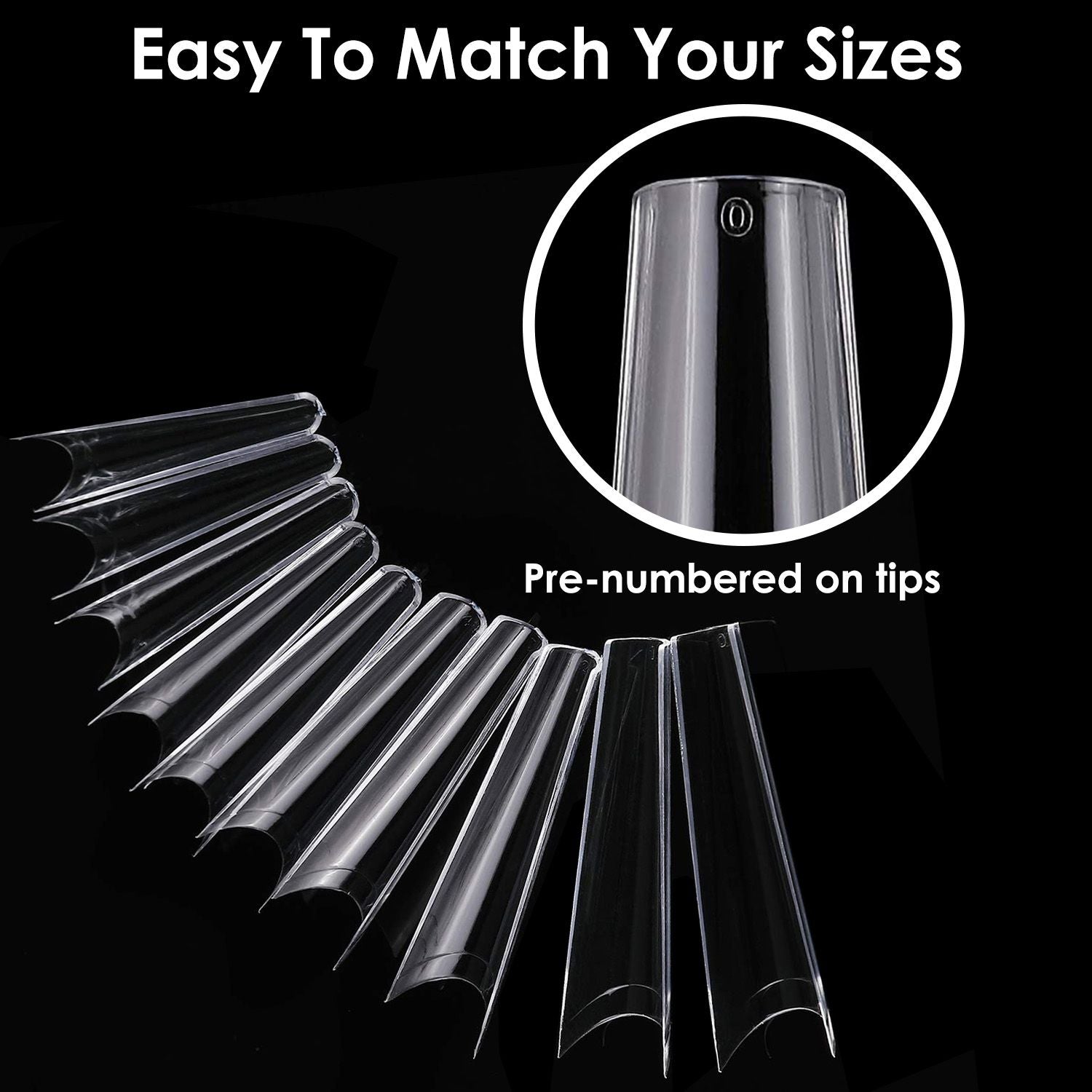 Clear nail tips arranged in a row, featuring pre-numbered sizes for easy selection and application.