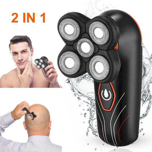 Electric 2-in-1 rotary shaver and scalp massager with four shaving heads designed for a close shave and soothing scalp treatment, featuring a modern ergonomic grip and water-resistant design.