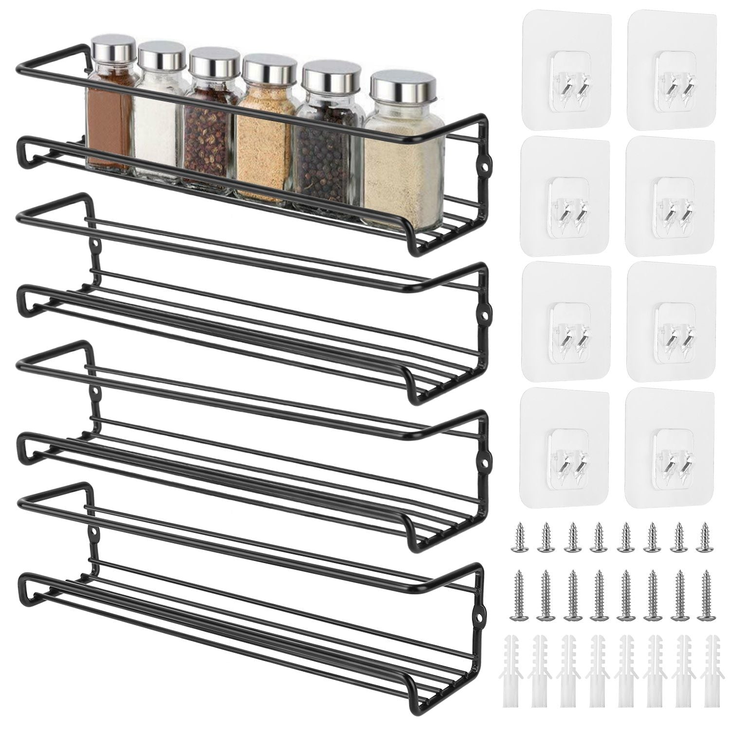 Wall-mounted spice rack organizer with six glass spice jars, four metal wire shelves, and hardware for easy installation.