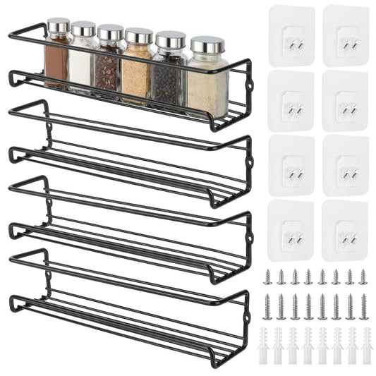 Wall-mounted spice rack organizer with six glass spice jars, four metal wire shelves, and hardware for easy installation.