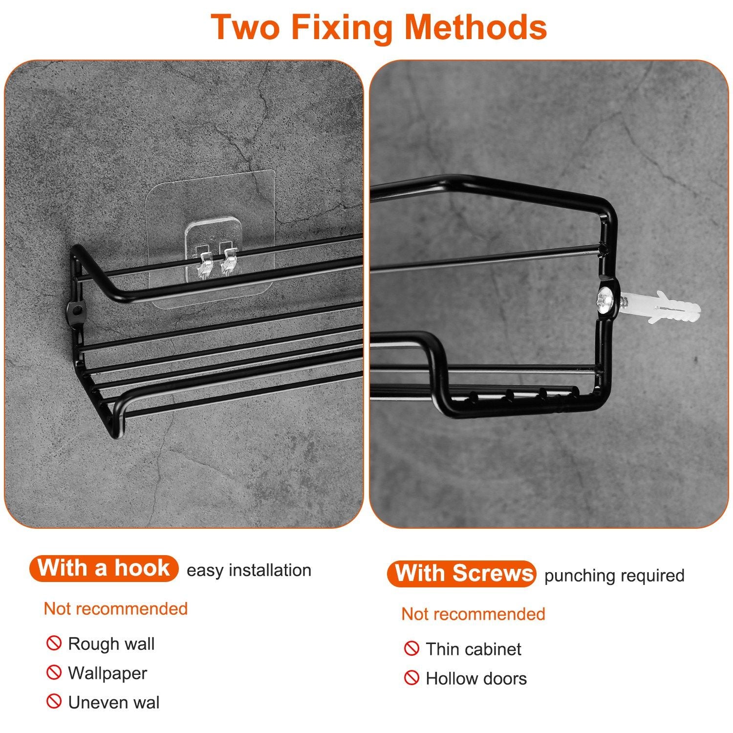 Black metal wall shelf with two installation methods displayed: one using adhesive hooks for easy setup and the other using screws requiring wall drilling, highlighted with caution notes for surface compatibility.