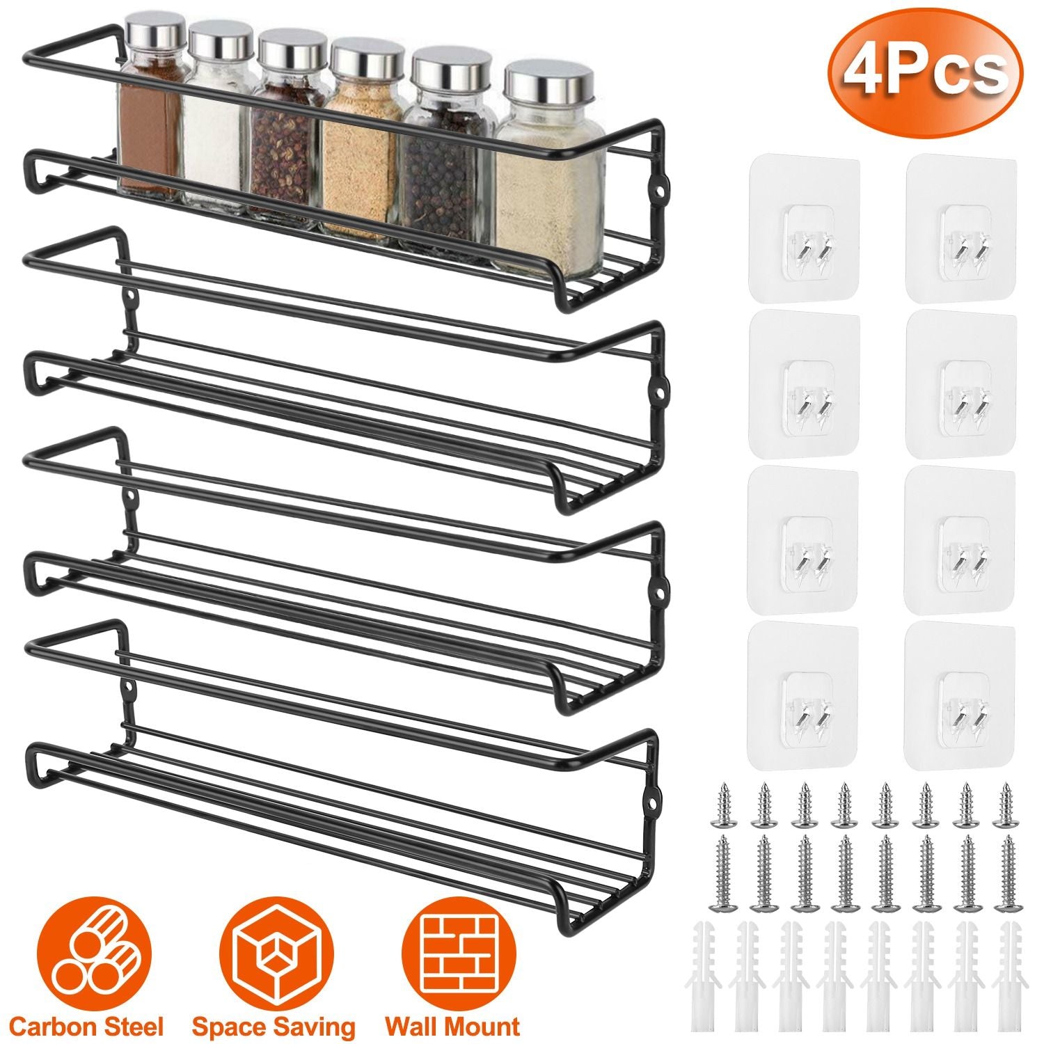 Black carbon steel spice rack organizer with four shelves, five spice jars, wall mount hardware, and accessories for space-saving kitchen storage.