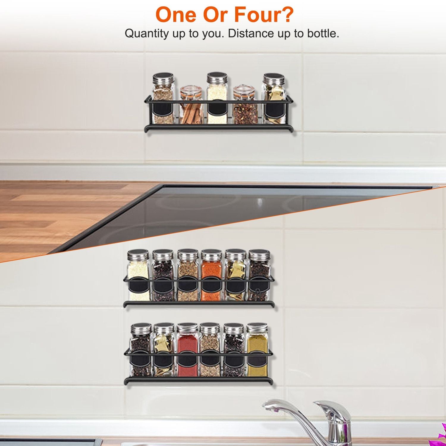 Black spice rack mounted on a kitchen wall holding glass jars filled with various spices and herbs, showcasing a versatile storage solution for up to four containers.