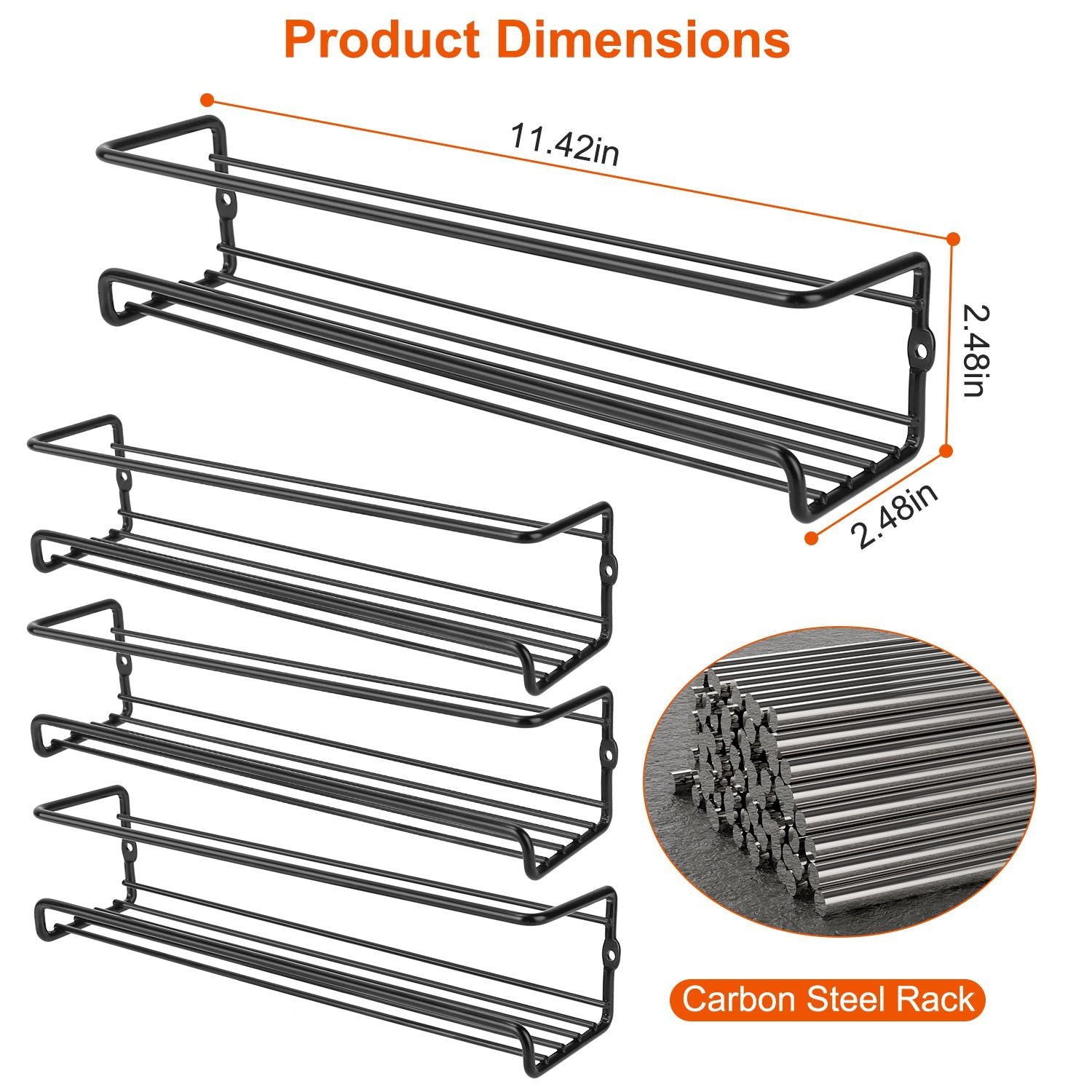 Black carbon steel rack with dimensions of 11.42 inches in length and 2.48 inches in height, showcasing multiple shelf levels for versatile storage solutions.