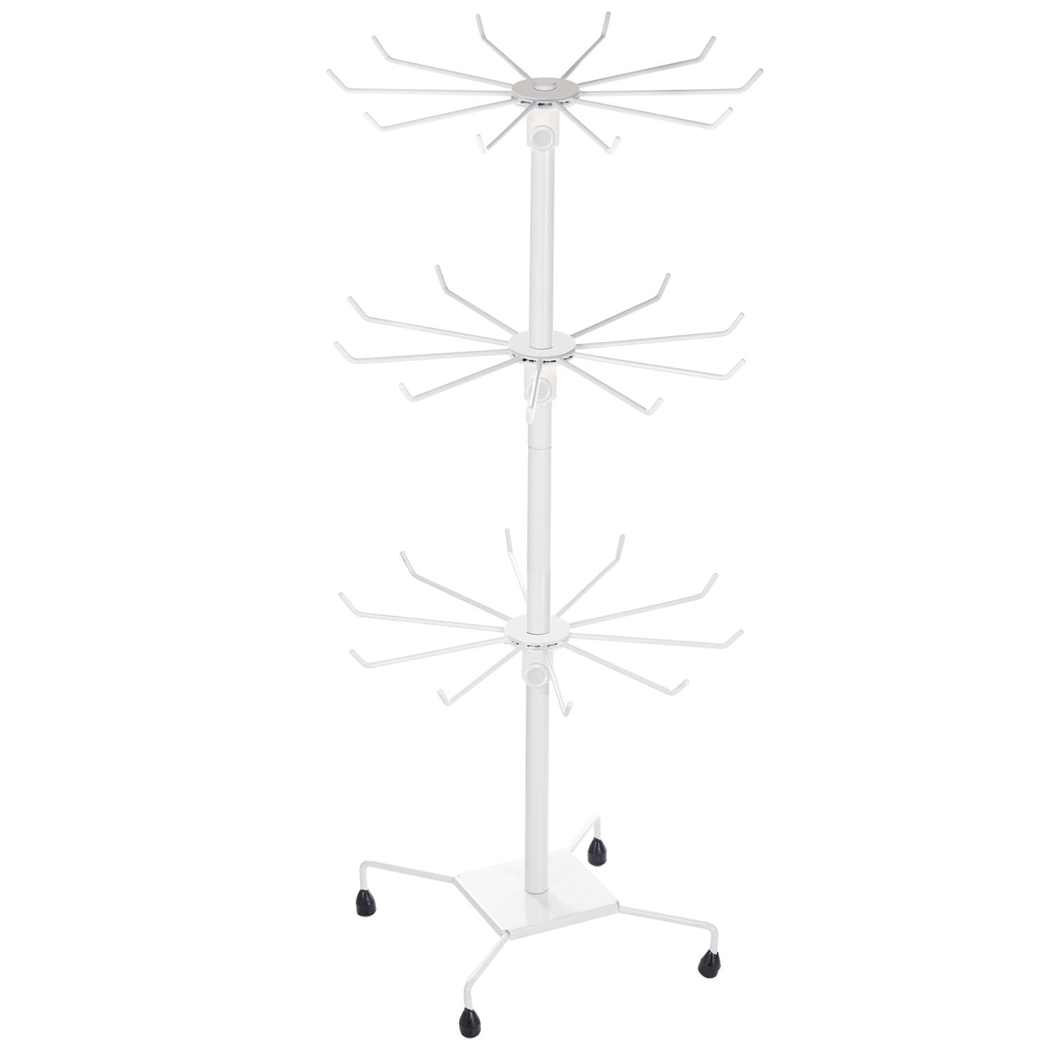 White mobile display rack with multiple hooks for hanging items, designed for easy organization and mobility in retail or workspace settings.