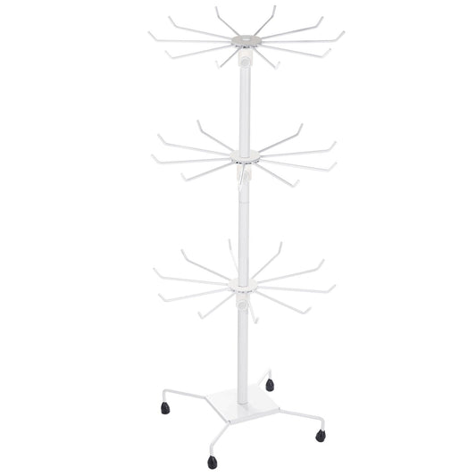 White mobile display rack with multiple hooks for hanging items, designed for easy organization and mobility in retail or workspace settings.