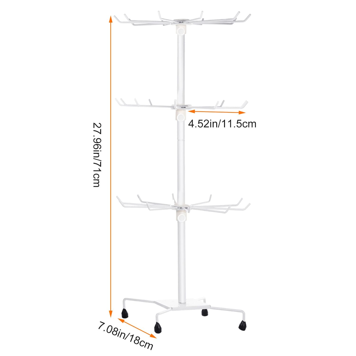 White 4-arm rotating clothing rack with wheels, dimensions 27.96in height, 7.08in base width, and 4.52in horizontal arms for easy access and organization.