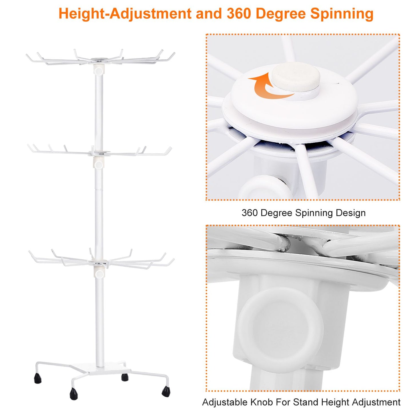 Height-adjustable white spinning rack with multiple hooks and a 360-degree rotating design for versatile storage and organization.