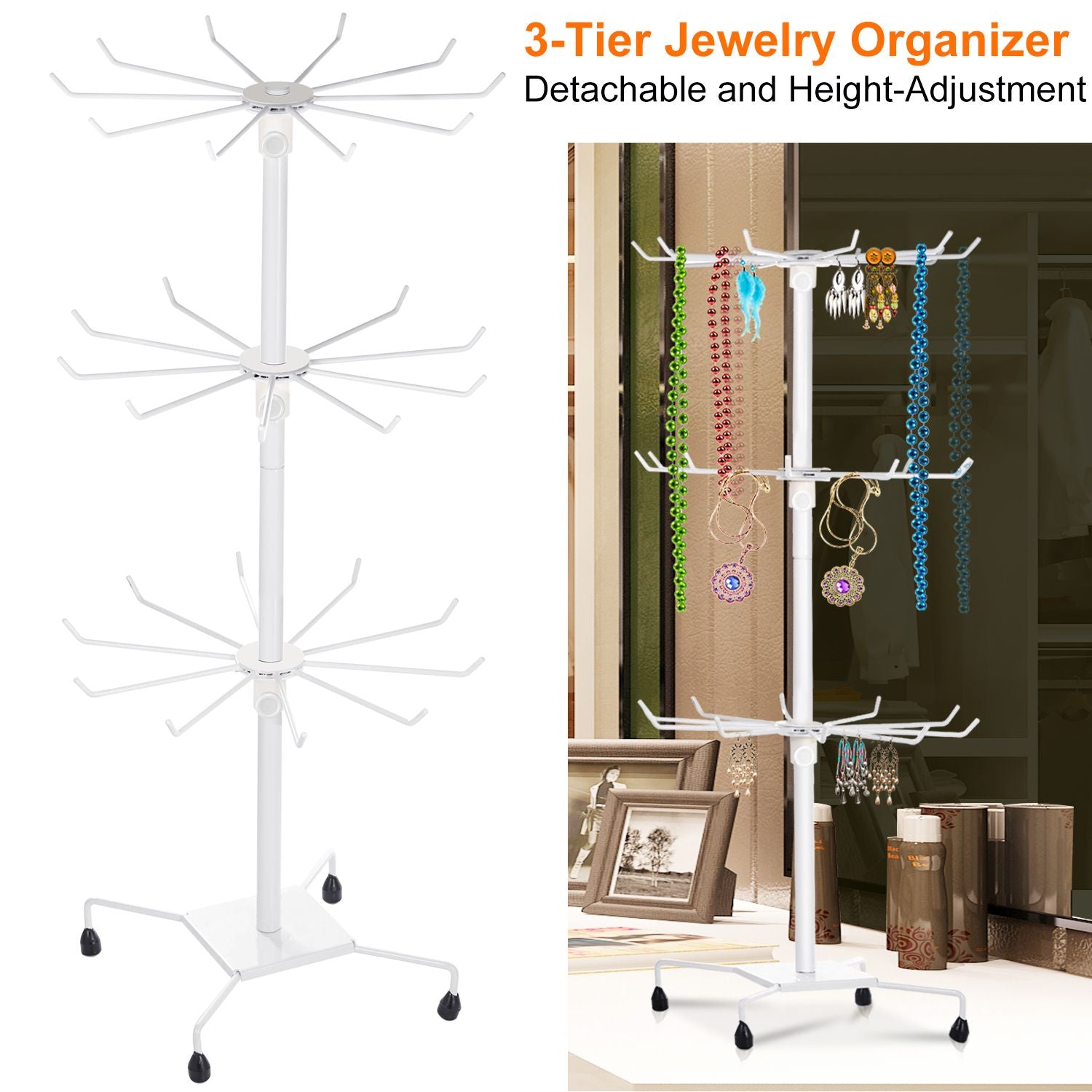 3-tier jewelry organizer with detachable and height-adjustable features, displaying colorful necklaces and earrings on a rotating white stand, ideal for efficient jewelry storage and display.