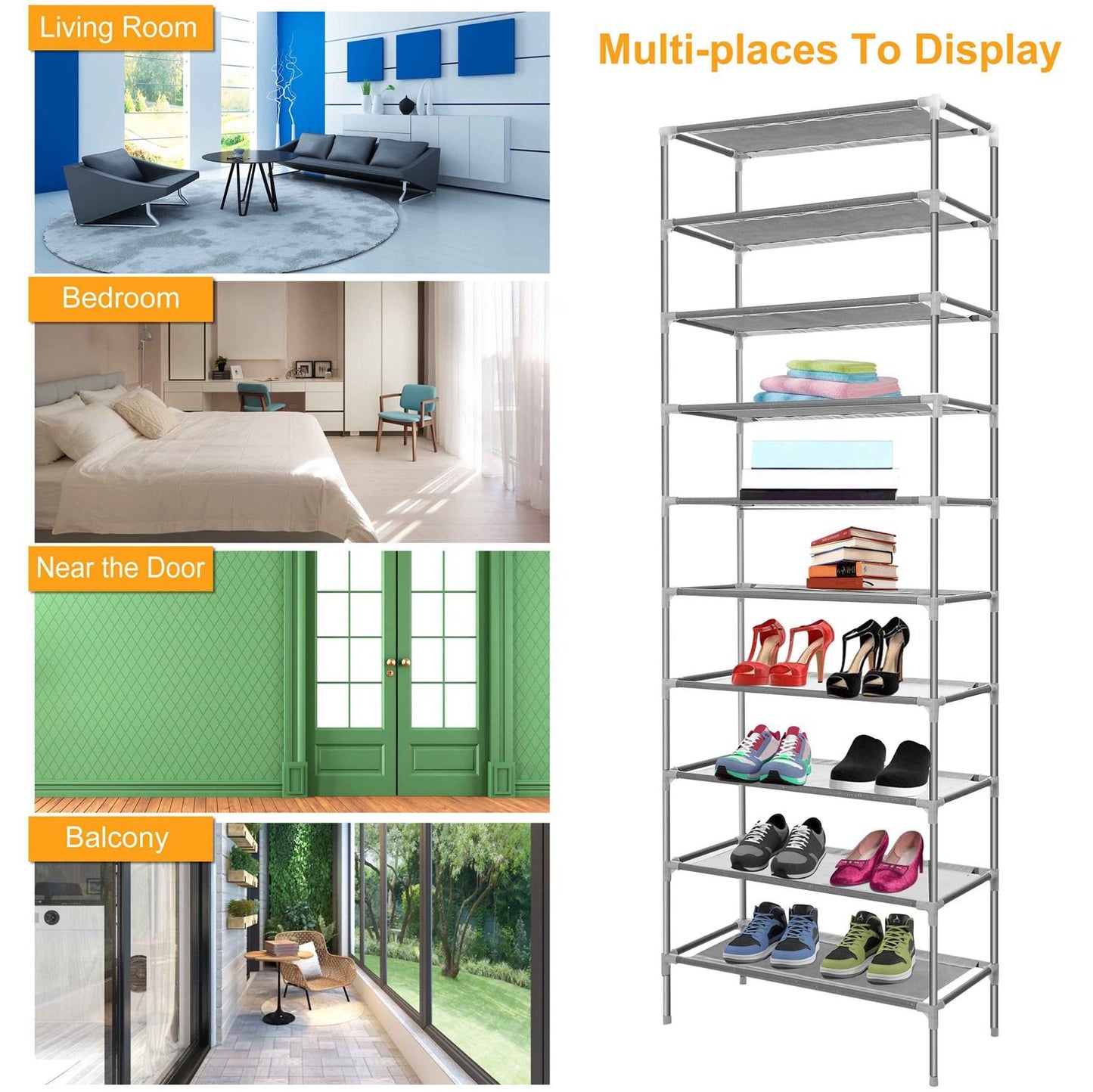 Multi-functional metal shelving unit displayed in various home settings including a living room, bedroom, entryway, and balcony, organized with shoes, books, and towels for versatile storage solutions.