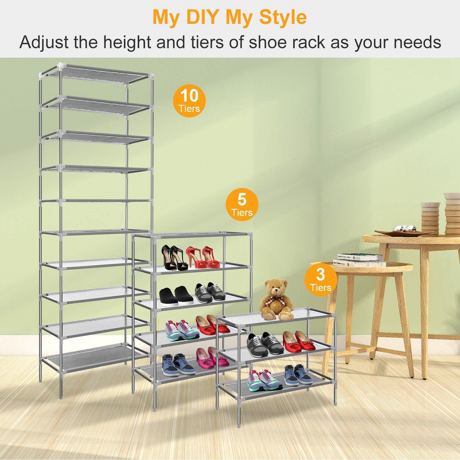 Adjustable metal shoe rack with 10, 5, and 3 tier options, displaying various shoe styles and toys, in a modern living room setting.