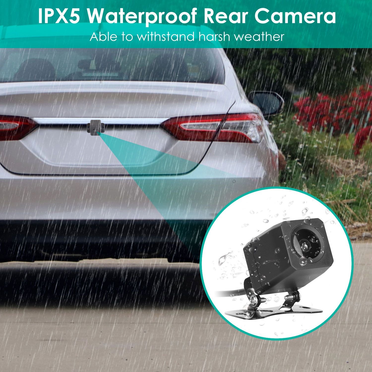 IPX5 waterproof rear camera mounted on a white car, designed to withstand harsh weather conditions, providing reliable visibility even in rain.