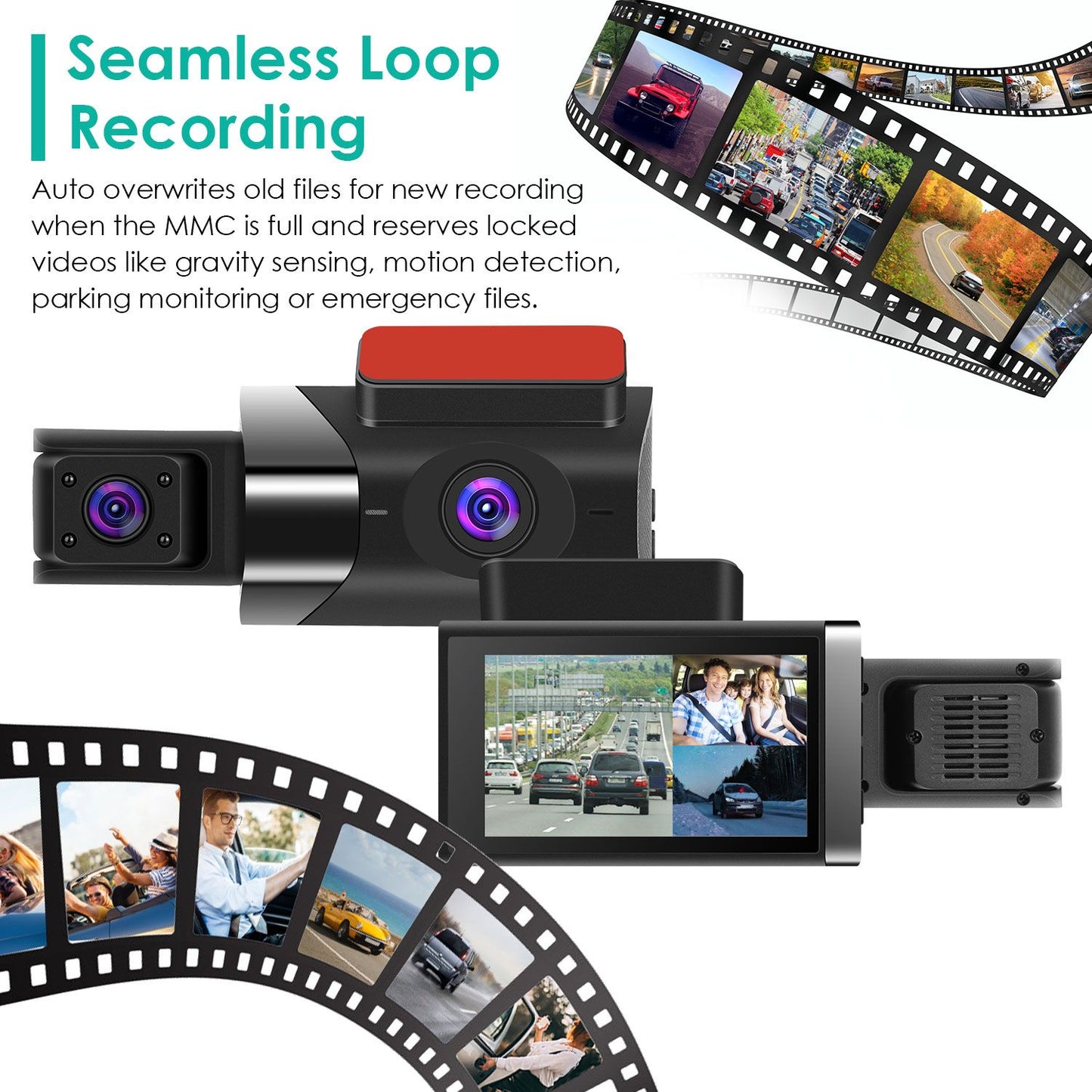 Dashboard camera with dual lens, seamless loop recording feature, and display screen showcasing video captures of driving scenes and vehicle monitoring.