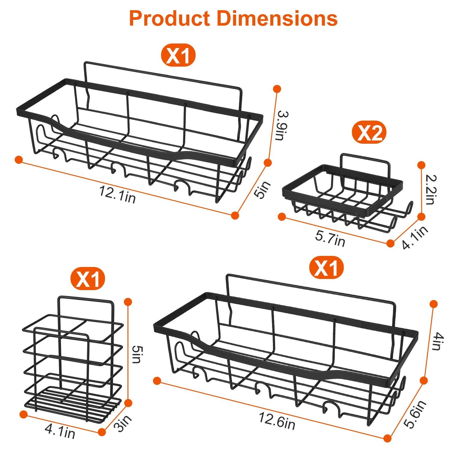 Black metal storage basket set with dimensions for organizational use, including one large basket (12.1in x 5in x 3.9in), two medium baskets (5.7in x 4.1in x 2.2in), and one small basket (4.1in x 5