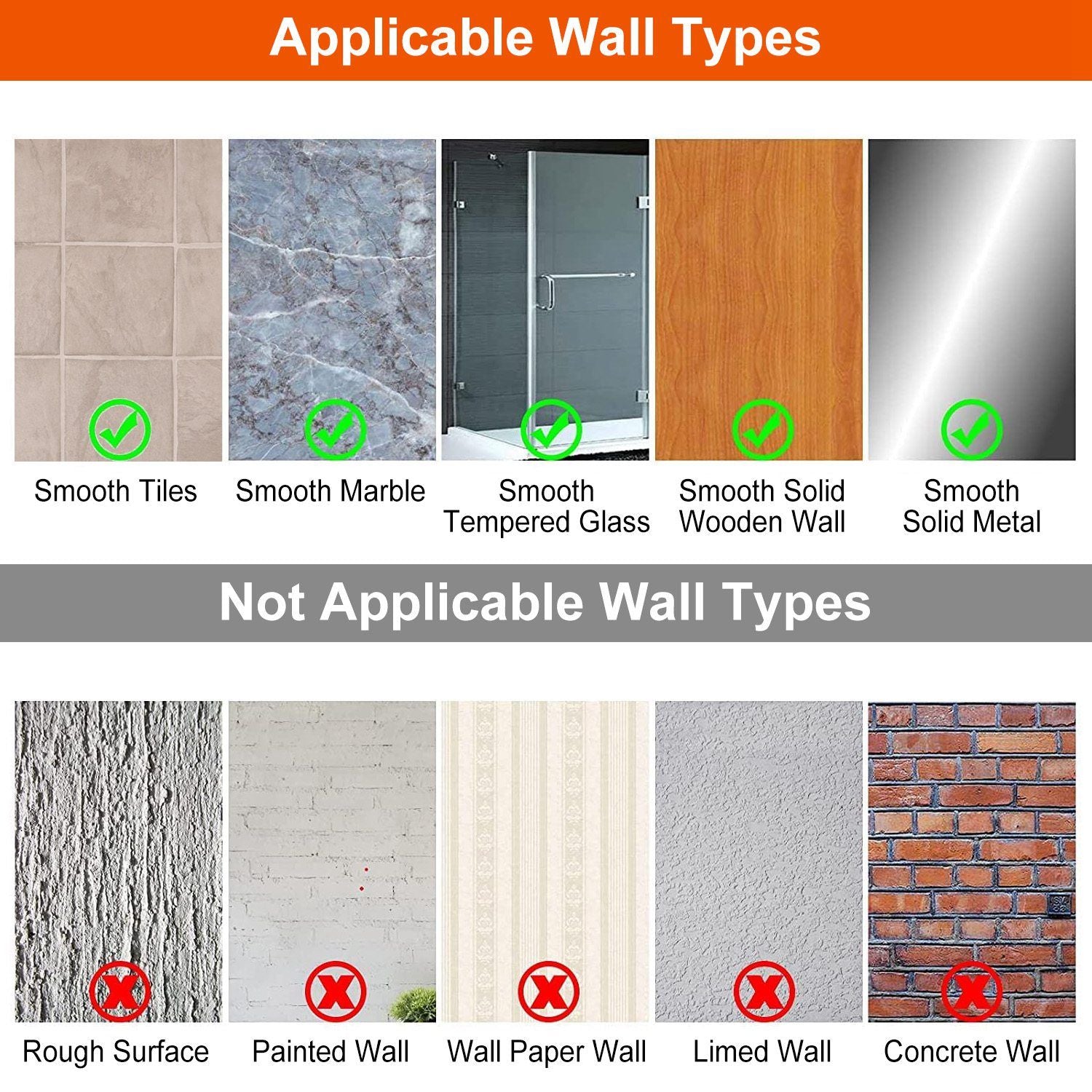 Infographic comparing wall types suitable for adhesive applications, showing "Applicable" smooth surfaces (tiles, marble, tempered glass, wooden, and metal) with green check marks, and "Not Applicable" rough, painted, wallpapered, limed, and concrete surfaces with red crosses.