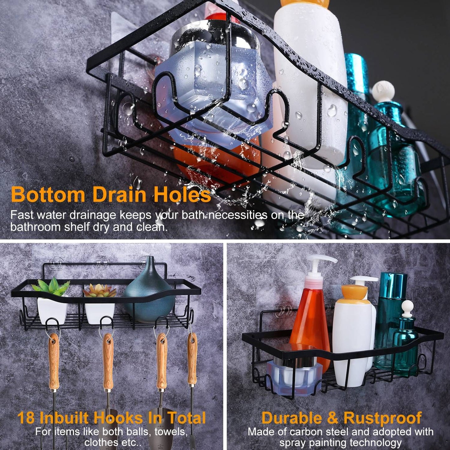 Black bathroom organizer shelf with drain holes and 18 hooks, showcasing bottles and toiletries, designed for durability and rustproofing.