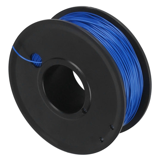 Blue 3D printing filament on a black spool, showcasing the smooth, evenly wound strands ideal for high-quality prints.