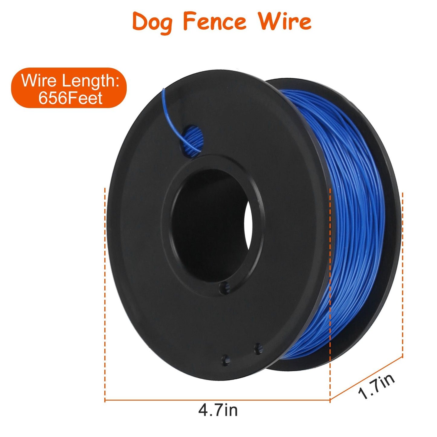Blue dog fence wire spool with a length of 656 feet, featuring a compact design measuring 4.7 inches in diameter and 1.7 inches in height, ideal for pet containment systems.
